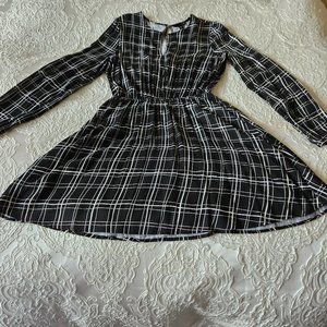 Aqua Black & White Plaid Keyhole Long Sleeve Boho Dress NWT